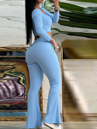 Eleganti sieviešu uzvalki, 2 daļ. komplekts, pavasara rudens modes kvadrātveida kakla pogām augšdaļa un kabatas dizains uzplaiksnīto bikšu komplekts, treniņtērpi