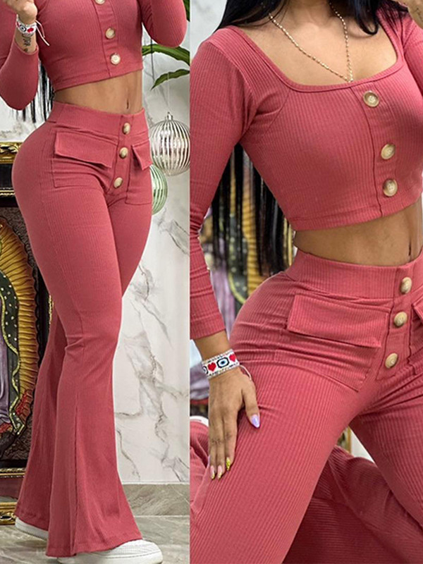 Eleganti sieviešu uzvalki, 2 daļ. komplekts, pavasara rudens modes kvadrātveida kakla pogām augšdaļa un kabatas dizains uzplaiksnīto bikšu komplekts, treniņtērpi