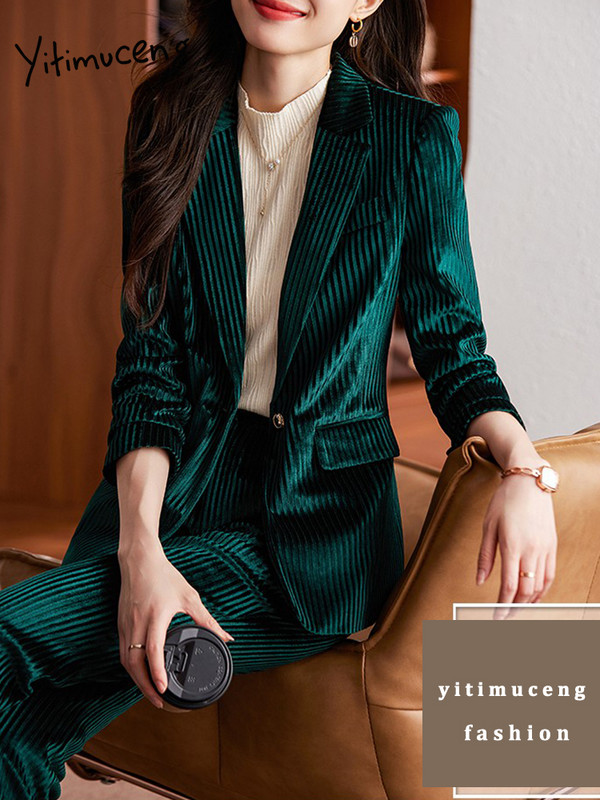 Yitimucengi naiste ülikonnad kontorikomplektid, pikkade varrukatega klassikalised ühe nööbiga bleiserid + kõrge vöökohaga pükskostüümid.