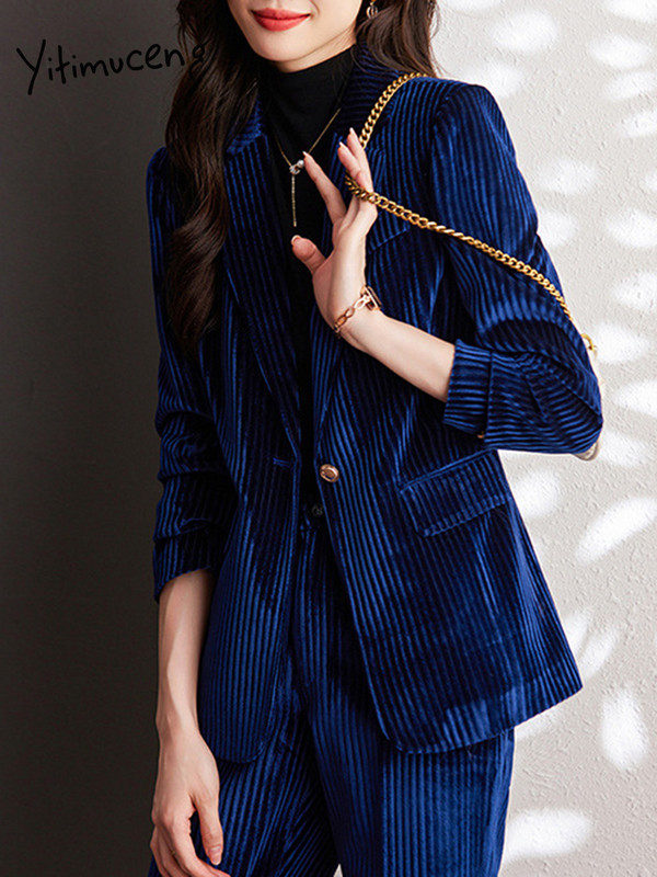 Yitimucengi naiste ülikonnad kontorikomplektid, pikkade varrukatega klassikalised ühe nööbiga bleiserid + kõrge vöökohaga pükskostüümid.