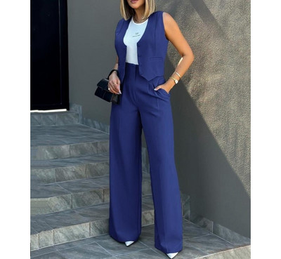Ansambļi Sieviešu pogām V veida kakla vestes augšdaļa un platas bikses komplekti biznesa apģērbs sievietēm vasarā 2 gabali bikšu komplekts darba apģērbs