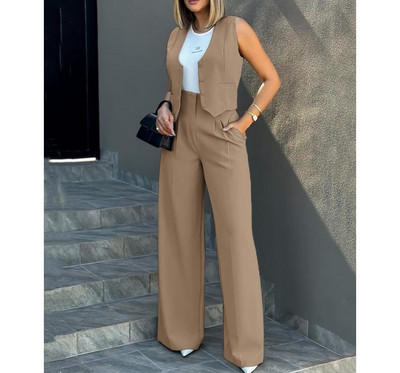 Ansambļi Sieviešu pogām V veida kakla vestes augšdaļa un platas bikses komplekti biznesa apģērbs sievietēm vasarā 2 gabali bikšu komplekts darba apģērbs