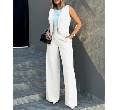 Ansambļi Sieviešu pogām V veida kakla vestes augšdaļa un platas bikses komplekti biznesa apģērbs sievietēm vasarā 2 gabali bikšu komplekts darba apģērbs