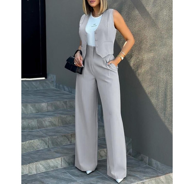 Ansambļi Sieviešu pogām V veida kakla vestes augšdaļa un platas bikses komplekti biznesa apģērbs sievietēm vasarā 2 gabali bikšu komplekts darba apģērbs