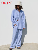 OOTN kontori puuvillased triibulised kaheosalised komplektid, elegantsed revääriga särgid, elastne vöökoht, pikad püksid, kostüümid tänav šikk kaheosaline naistele 2023