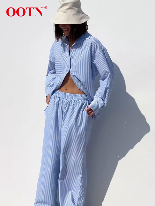 OOTN kontori puuvillased triibulised kaheosalised komplektid, elegantsed revääriga särgid, elastne vöökoht, pikad püksid, kostüümid tänav šikk kaheosaline naistele 2023