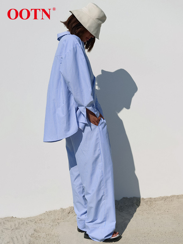 OOTN kontori puuvillased triibulised kaheosalised komplektid, elegantsed revääriga särgid, elastne vöökoht, pikad püksid, kostüümid tänav šikk kaheosaline naistele 2023