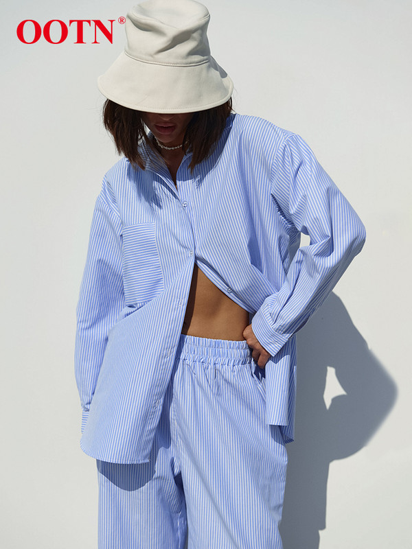 OOTN kontori puuvillased triibulised kaheosalised komplektid, elegantsed revääriga särgid, elastne vöökoht, pikad püksid, kostüümid tänav šikk kaheosaline naistele 2023