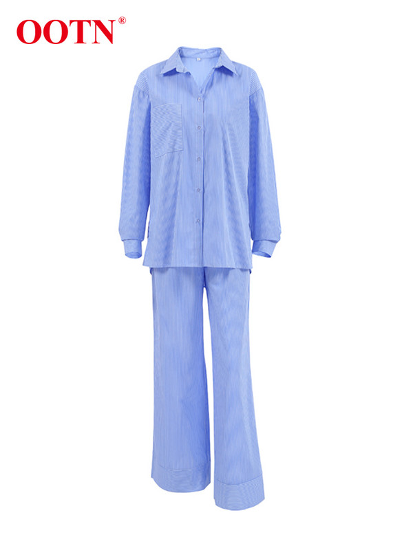 OOTN kontori puuvillased triibulised kaheosalised komplektid, elegantsed revääriga särgid, elastne vöökoht, pikad püksid, kostüümid tänav šikk kaheosaline naistele 2023