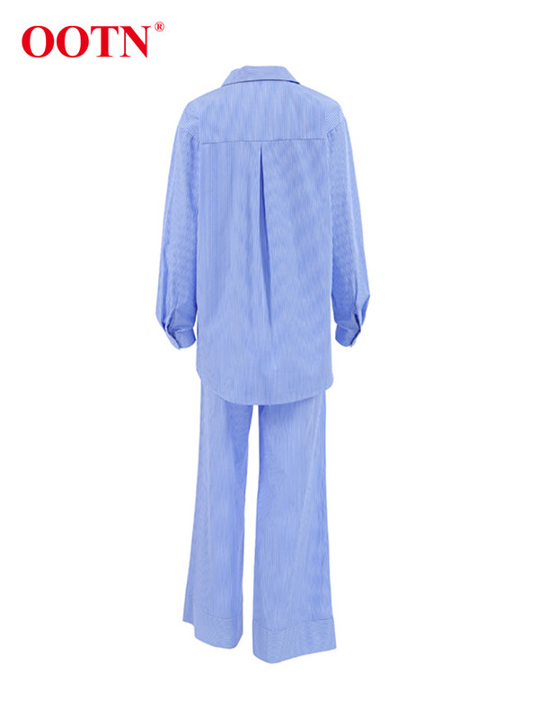 OOTN kontori puuvillased triibulised kaheosalised komplektid, elegantsed revääriga särgid, elastne vöökoht, pikad püksid, kostüümid tänav šikk kaheosaline naistele 2023