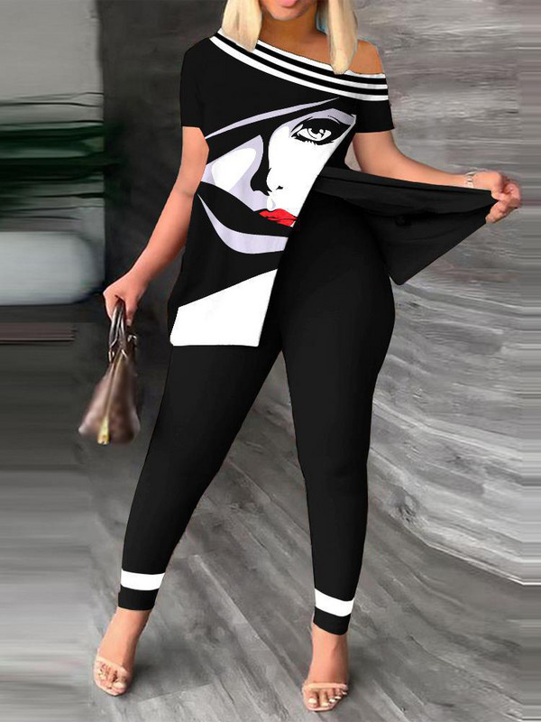 Divatos rövid ujjú ing nadrág szett irodai női alkalmi laza, ferde nyakú betűmintás hasított, kétrészes szett, női viselet 2023