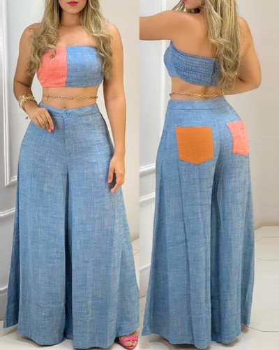 Divdaļīgi komplekti Sieviešu tērpi Vasaras modes Colorblock Bandeau Bezpiedurknēm Shirring Crop Top & Ikdienišķs, platas kājas garo bikšu komplekts