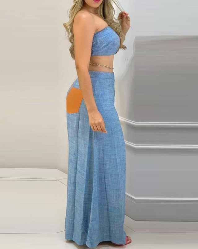 Divdaļīgi komplekti Sieviešu tērpi Vasaras modes Colorblock Bandeau Bezpiedurknēm Shirring Crop Top & Ikdienišķs, platas kājas garo bikšu komplekts