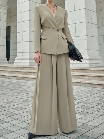 [LANMREM] Elegantsed ülikonnad, 2 komplekt naistele, kogutud vöökohaga bleiserid, kõrge vöökohaga meeldivad laiad püksid, mood 2024, uus 26D8939