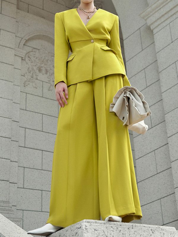 [LANMREM] Elegantsed ülikonnad, 2 komplekt naistele, kogutud vöökohaga bleiserid, kõrge vöökohaga meeldivad laiad püksid, mood 2024, uus 26D8939