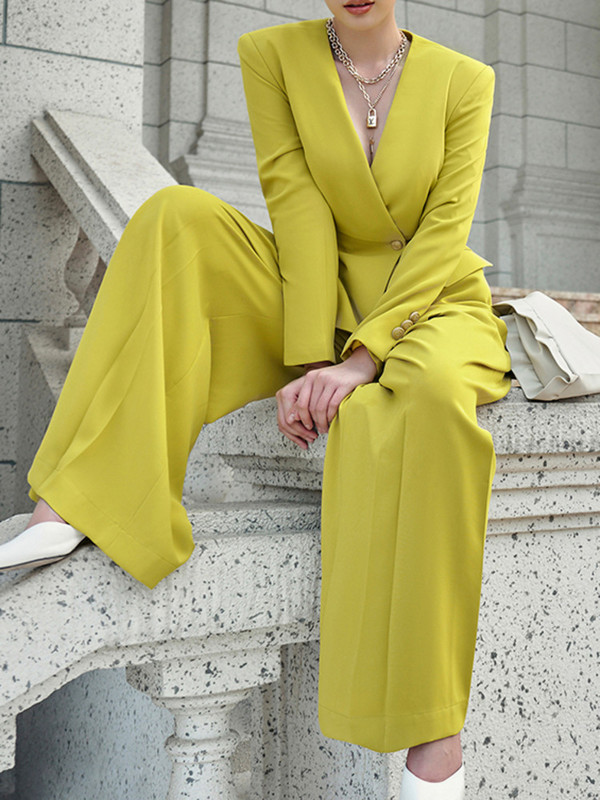 [LANMREM] Elegantsed ülikonnad, 2 komplekt naistele, kogutud vöökohaga bleiserid, kõrge vöökohaga meeldivad laiad püksid, mood 2024, uus 26D8939