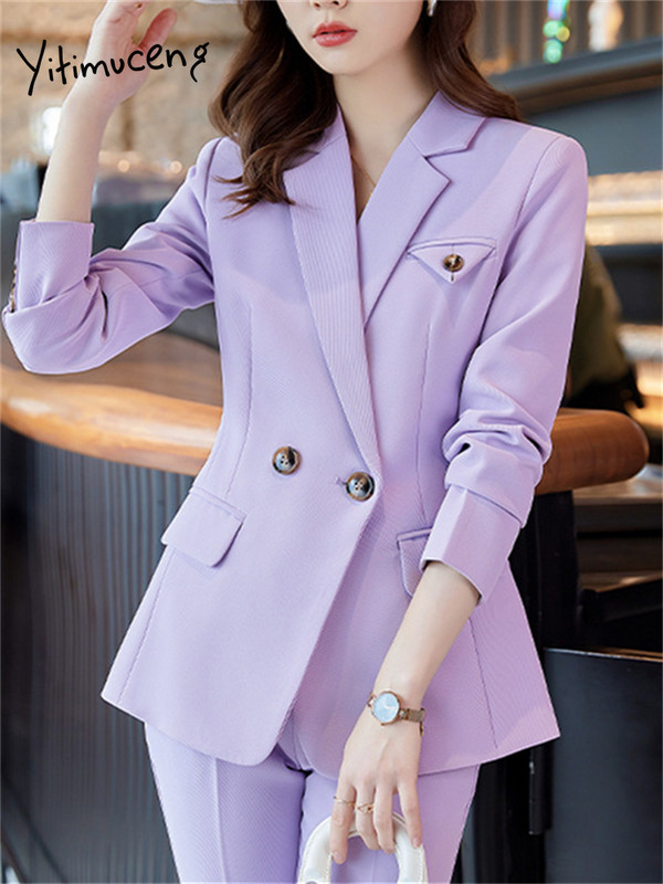 Yitimuceng Purple 2 dab. komplekti biroja apģērbam sievietēm 2023. g. jauna mode, apkakle ar garām piedurknēm, eleganti zīmuļu bikses, kostīmi