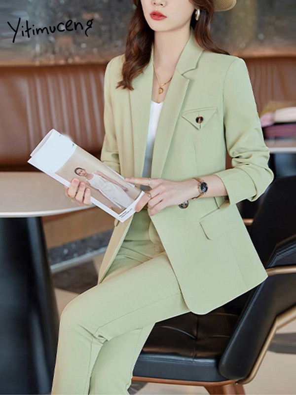 Yitimuceng Purple 2 dab. komplekti biroja apģērbam sievietēm 2023. g. jauna mode, apkakle ar garām piedurknēm, eleganti zīmuļu bikses, kostīmi