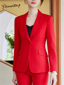 Yitimuceng sarkans uzvalks sievietēm, 2023. gada jauns modes biroja sieviešu uzvalki ar garām piedurknēm, bleizeri, retro stila taisni bikses