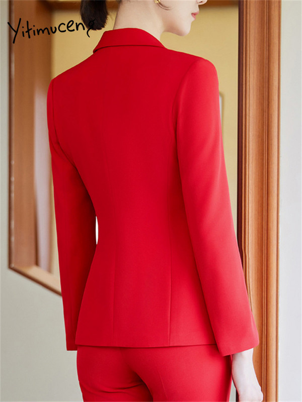 Yitimuceng sarkans uzvalks sievietēm, 2023. gada jauns modes biroja sieviešu uzvalki ar garām piedurknēm, bleizeri, retro stila taisni bikses