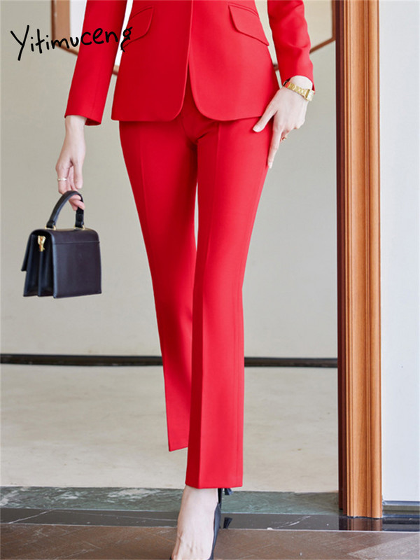 Yitimuceng sarkans uzvalks sievietēm, 2023. gada jauns modes biroja sieviešu uzvalki ar garām piedurknēm, bleizeri, retro stila taisni bikses