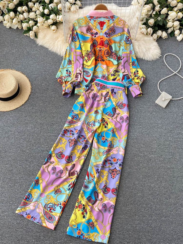 Naiste mood Luksuslik kettprinteriga särk top + täispikk püksid sügiskontrast värvi pikkade varrukatega nööbid pluus 2-osaline komplekt