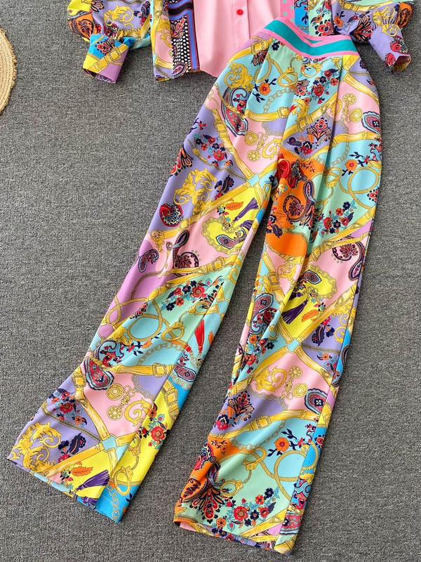 Naiste mood Luksuslik kettprinteriga särk top + täispikk püksid sügiskontrast värvi pikkade varrukatega nööbid pluus 2-osaline komplekt