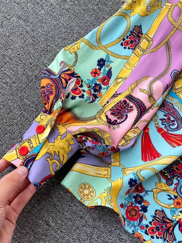 Naiste mood Luksuslik kettprinteriga särk top + täispikk püksid sügiskontrast värvi pikkade varrukatega nööbid pluus 2-osaline komplekt