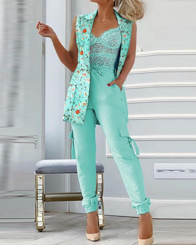 Kevadine uus naiste kaheosaline moodne soliidne nööbiga bleiserjakk ja taskudisainiga pükste ülikond vabaaja kontorisuvine naiste ülikond