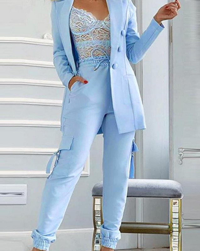 Kevadine uus naiste kaheosaline moodne soliidne nööbiga bleiserjakk ja taskudisainiga pükste ülikond vabaaja kontorisuvine naiste ülikond