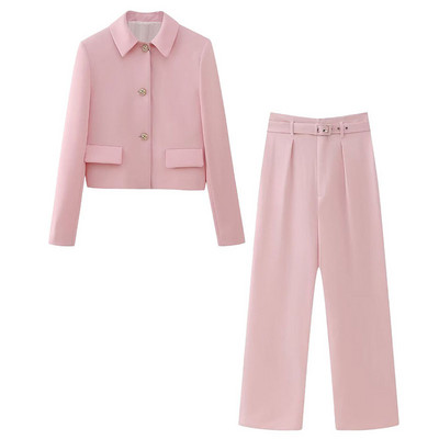 TRAFZA Ženski novi modni blejzer odijela, ružičasti ovratnik s dugim rukavima, jednoredno kopčanje + hlače s patentnim zatvaračem s visokim pojasom