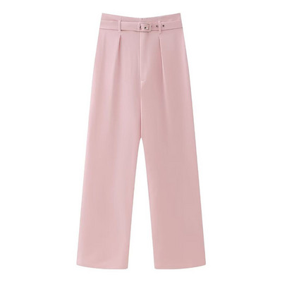 TRAFZA Ženski novi modni blejzer odijela, ružičasti ovratnik s dugim rukavima, jednoredno kopčanje + hlače s patentnim zatvaračem s visokim pojasom