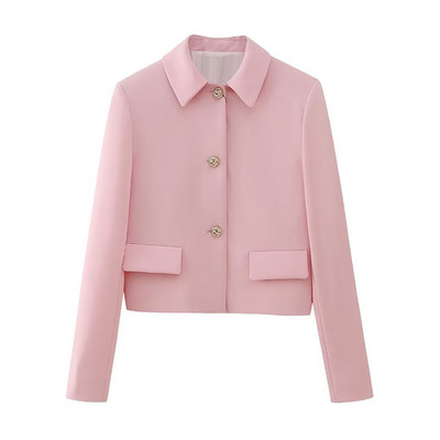 TRAFZA Ženski novi modni blejzer odijela, ružičasti ovratnik s dugim rukavima, jednoredno kopčanje + hlače s patentnim zatvaračem s visokim pojasom
