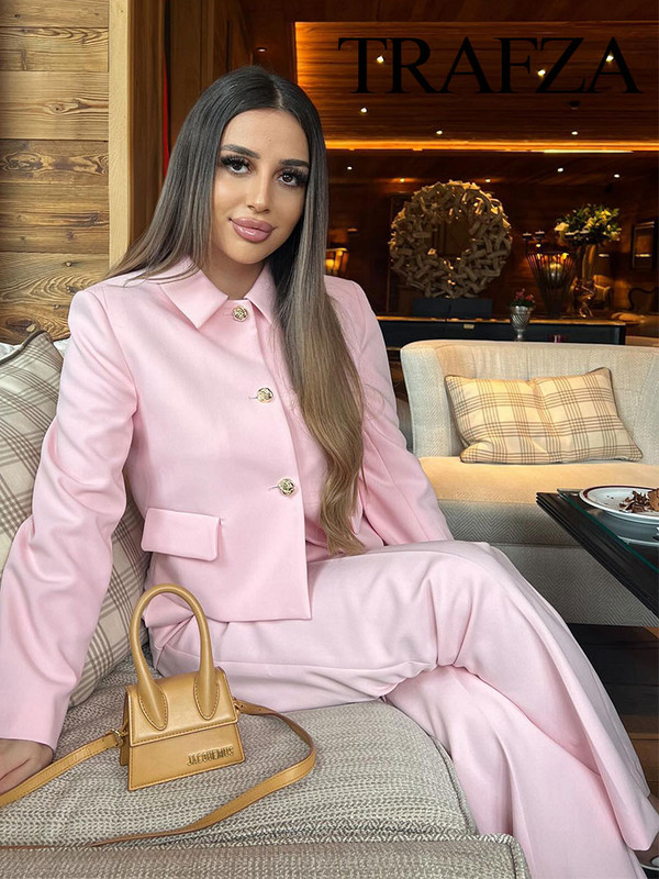 TRAFZA Ženski novi modni blejzer odijela, ružičasti ovratnik s dugim rukavima, jednoredno kopčanje + hlače s patentnim zatvaračem s visokim pojasom