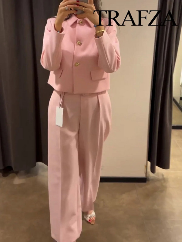 TRAFZA Ženski novi modni blejzer odijela, ružičasti ovratnik s dugim rukavima, jednoredno kopčanje + hlače s patentnim zatvaračem s visokim pojasom