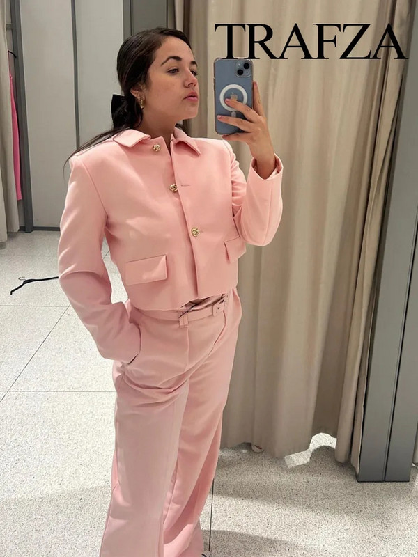 TRAFZA Ženski novi modni blejzer odijela, ružičasti ovratnik s dugim rukavima, jednoredno kopčanje + hlače s patentnim zatvaračem s visokim pojasom