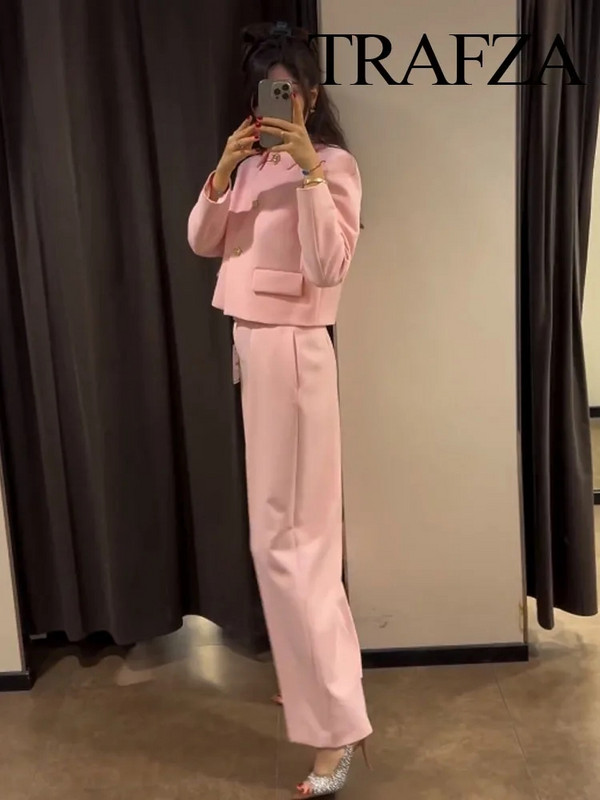 TRAFZA Ženski novi modni blejzer odijela, ružičasti ovratnik s dugim rukavima, jednoredno kopčanje + hlače s patentnim zatvaračem s visokim pojasom
