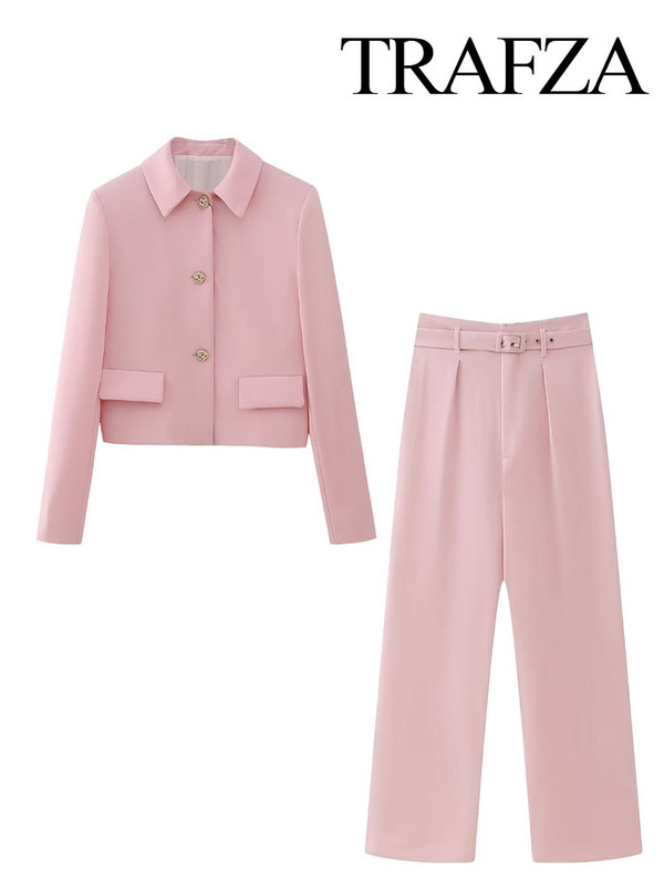 TRAFZA Ženski novi modni blejzer odijela, ružičasti ovratnik s dugim rukavima, jednoredno kopčanje + hlače s patentnim zatvaračem s visokim pojasom