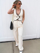 Moodsad vestpüksid naiste komplektid varrukateta V-kaelusega vest kõrge vöökohaga plisseeritud laia säärega pükskostüüm 2024. aasta suvedaami 2-osaline komplekt