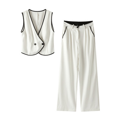 Moodsad vestpüksid naiste komplektid varrukateta V-kaelusega vest kõrge vöökohaga plisseeritud laia säärega pükskostüüm 2024. aasta suvedaami 2-osaline komplekt