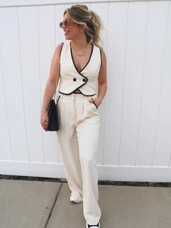 Moodsad vestpüksid naiste komplektid varrukateta V-kaelusega vest kõrge vöökohaga plisseeritud laia säärega pükskostüüm 2024. aasta suvedaami 2-osaline komplekt