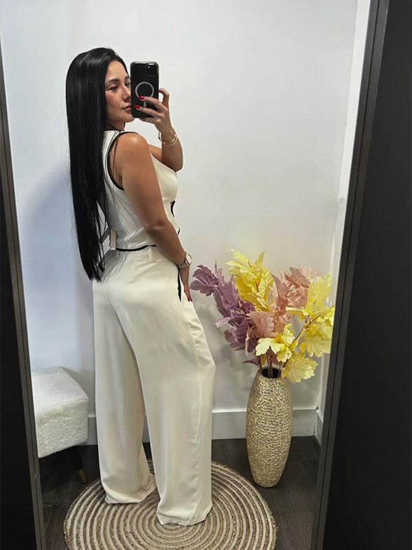 Moodsad vestpüksid naiste komplektid varrukateta V-kaelusega vest kõrge vöökohaga plisseeritud laia säärega pükskostüüm 2024. aasta suvedaami 2-osaline komplekt