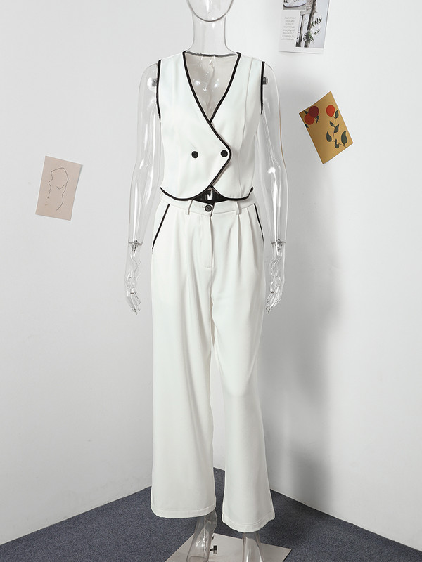 Moodsad vestpüksid naiste komplektid varrukateta V-kaelusega vest kõrge vöökohaga plisseeritud laia säärega pükskostüüm 2024. aasta suvedaami 2-osaline komplekt