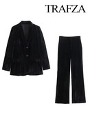 TRAFZA sügisene 2-osalised ülikonnad naistele Moodsad samet V kaelusega õhukesed üherealised bleiser + voldid naiste sirged laia säärega püksid