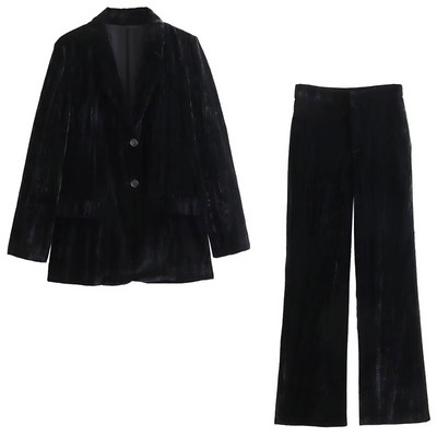 TRAFZA sügisene 2-osalised ülikonnad naistele Moodsad samet V kaelusega õhukesed üherealised bleiser + voldid naiste sirged laia säärega püksid