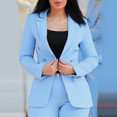 Sieviešu uzvalks ikdienas gaitām, divrindu sieviešu mēteļa bikšu uzvalks ar augstu vidukli, šauras bikses, atloks jaka oficiālam biznesam