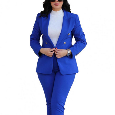 Sieviešu uzvalks ikdienas gaitām, divrindu sieviešu mēteļa bikšu uzvalks ar augstu vidukli, šauras bikses, atloks jaka oficiālam biznesam