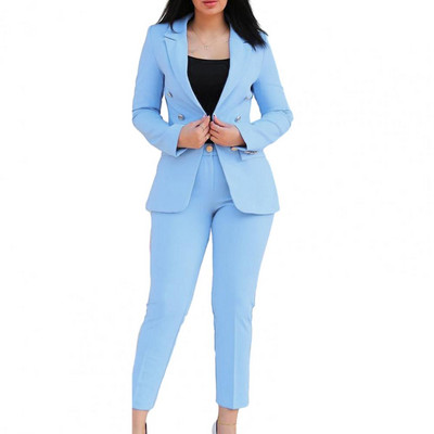 Sieviešu uzvalks ikdienas gaitām, divrindu sieviešu mēteļa bikšu uzvalks ar augstu vidukli, šauras bikses, atloks jaka oficiālam biznesam