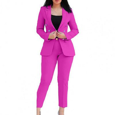 Sieviešu uzvalks ikdienas gaitām, divrindu sieviešu mēteļa bikšu uzvalks ar augstu vidukli, šauras bikses, atloks jaka oficiālam biznesam