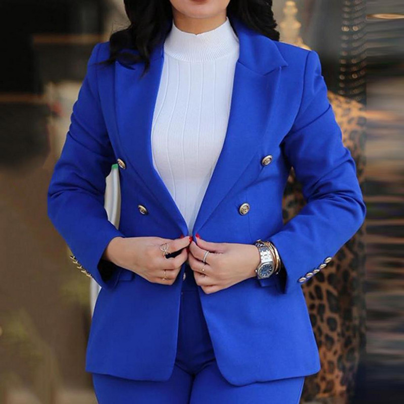 Sieviešu uzvalks ikdienas gaitām, divrindu sieviešu mēteļa bikšu uzvalks ar augstu vidukli, šauras bikses, atloks jaka oficiālam biznesam